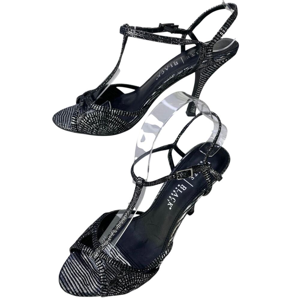 White House Black Market Women Lucky Black Silver Rhinestone T Strap Sandal S 8